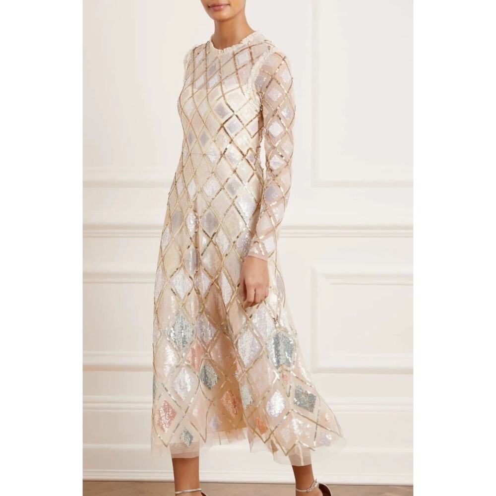 Needle & Thread Sequin Diamond Ballerina Dress ivory pink size US 6  / UK 10